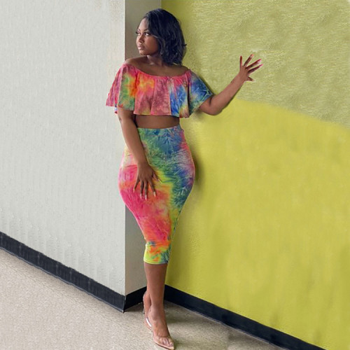 Summer sexy tie-dye lotus leaf pleated flat shoulder top + hip skirt two-piece suit
