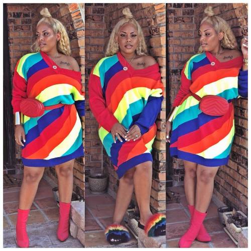 Autumn fashion positioning printing color striped dress