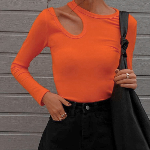 2021 autumn and winter new irregular hollow long-sleeved tops women round neck solid color slim T-shirt