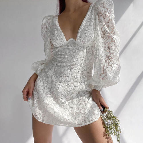 Summer new style female white lace hedging deep V-neck backless sexy long-sleeved dress