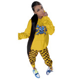 Women's hooded sweater cotton blended two-piece suit skull print plaid pants autumn and winter