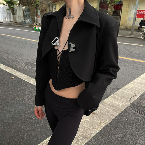 2021 autumn handsome fashion temperament street metal buckle solid color lapel short suit jacket