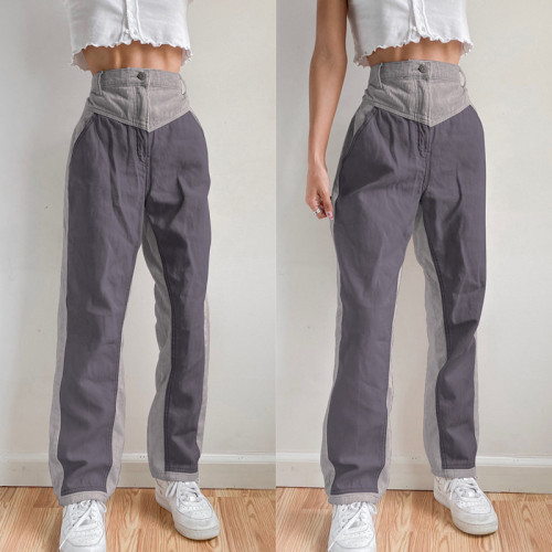 Fall 2021 women's corduroy stitching contrast casual waist straight-leg pants