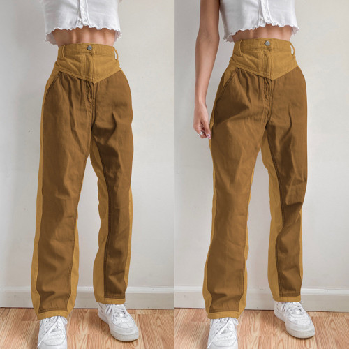 Fall 2021 women's corduroy stitching contrast casual waist straight-leg pants