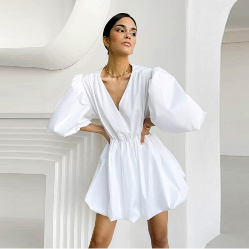 Summer new sexy satin solid color high waist temperament white cold wind lantern puff sleeve dress