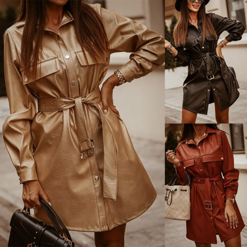 Autumn and winter casual mid-length PU shirt dress