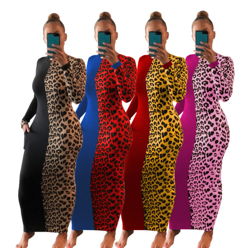 Cotton blended women's dress stitching leopard print hit color sexy skinny autumn and winter