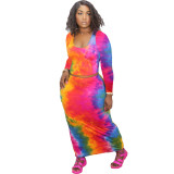 Autumn and winter plus size women's long-sleeved round neck T-shirt half skirt tie-dye cotton blended suit