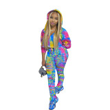 Autumn and winter fashion leisure sports rainbow gradient tie-dye hole printing cotton blended two-piece suit