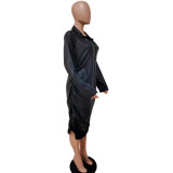 Autumn and winter pleated long-sleeved leather dress