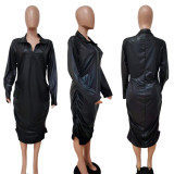 Autumn and winter pleated long-sleeved leather dress