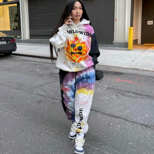 2021 autumn and winter women's thick velvet positioning printing tie-dye hooded casual sports thick suit