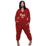 Autumn and winter plus size women's letter printing long-sleeved casual loose cotton blended jumpsuit