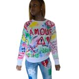 Autumn and winter tops graffiti letter printing long-sleeved round neck sweater T-shirt women