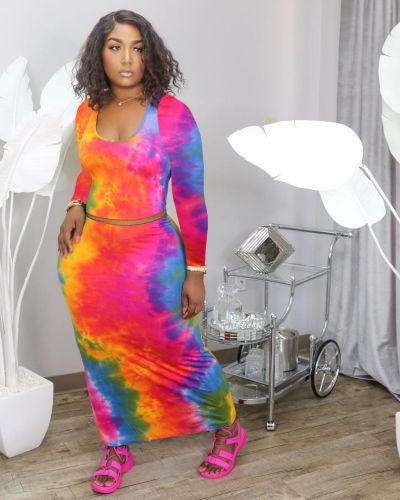 Autumn and winter plus size women's long-sleeved round neck T-shirt half skirt tie-dye cotton blended suit