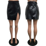 Snakeskin slit leather skirt