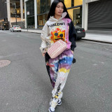 2021 autumn and winter women's thick velvet positioning printing tie-dye hooded casual sports thick suit