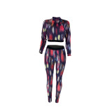 Autumn and winter women's cross-border printing half high neck pullover cotton blended two-piece suit