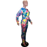 Autumn and winter fashion leisure sports rainbow gradient tie-dye hole printing cotton blended two-piece suit