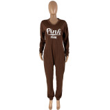 Autumn and winter plus size women's letter printing long-sleeved casual loose cotton blended jumpsuit