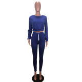 Autumn and winter women's solid color pullover T-shirt trousers imitation cotton pleated two-piece suit