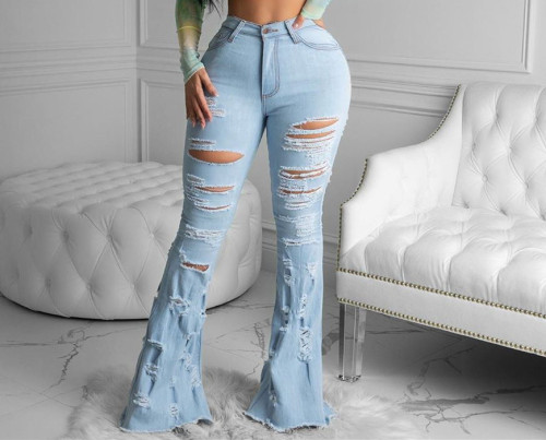 Fall popular ripped fringed flared pants jeans