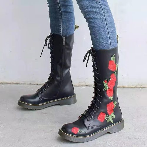 Autumn and winter British style embroidered leather boots women's bottom square heel Martin boots