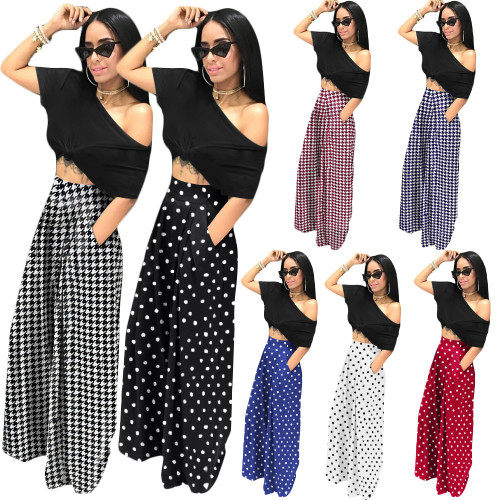 Fashion personality houndstooth print flared trousers wide leg casual pants autumn and winter wide leg pants