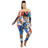 Fall 2021 women's tube top color print plus size jumpsuit