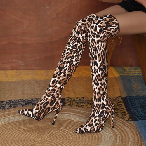 Fall/winter over-the-knee boots, leopard print stiletto high-heel pointed toe fashion plus size boots