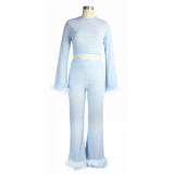 2021 Fall Korean Net Perspective Net Yarn Wool Sleeve Suit Blue Temperament Pants Suit