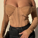 Autumn sexy tube top solid color pleated cotton blend long-sleeved top