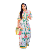 2021 summer new sexy pastoral print women's round neck fashion two-piece suit
