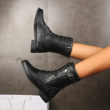 Autumn and winter low square heel knight boots British style belt buckle short boots
