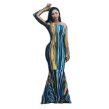 Women's 2021 Fall Dress Striped Print Sexy Slim Long Skirt