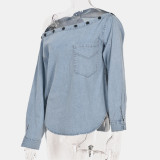 Women's autumn new style shirt solid color one-way collar off-shoulder long-sleeved denim top