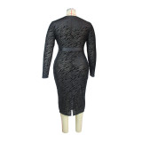 2021 new autumn dress solid color black flocked mesh back slit see-through skirt