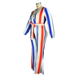 2021 autumn new product new V-neck printed stripe loose long jumpsuit