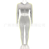 Fall/Winter 2021 new women's hooded tight-fitting casual high-waist sweater flanging contrast suit