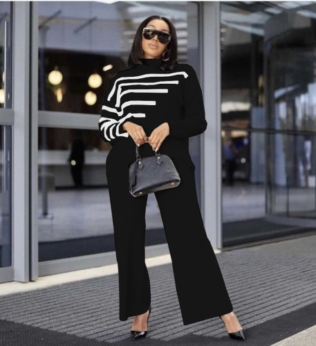 Fall/Winter 2021 new women's striped print contrast color high-neck OL long-sleeved wide-leg pants suit