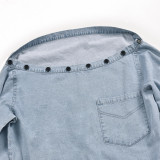 Women's autumn new style shirt solid color one-way collar off-shoulder long-sleeved denim top