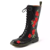 Autumn and winter British style embroidered leather boots women's bottom square heel Martin boots