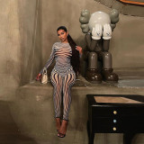 2021 autumn new long-sleeved striped sexy bag hip slim tight trousers suit women
