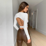 New T-shirt Hollow Navel Open Back Long Sleeve V-neck Pleated Sexy Women's Top