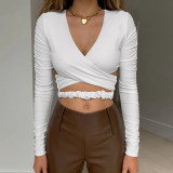New T-shirt Hollow Navel Open Back Long Sleeve V-neck Pleated Sexy Women's Top