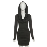 2021 autumn women's new street fashion hooded long-sleeved pile collar ruffled sexy bag hip dress