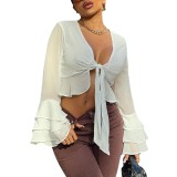 Autumn T-shirt hollow lace-up umbilical flared long-sleeved V-neck sexy blouse