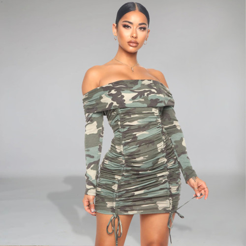 Camouflage print pleated one-neck dress