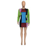Women's fashion casual autumn and winter new long-sleeved color matching striped dress