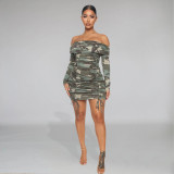 Camouflage print pleated one-neck dress
